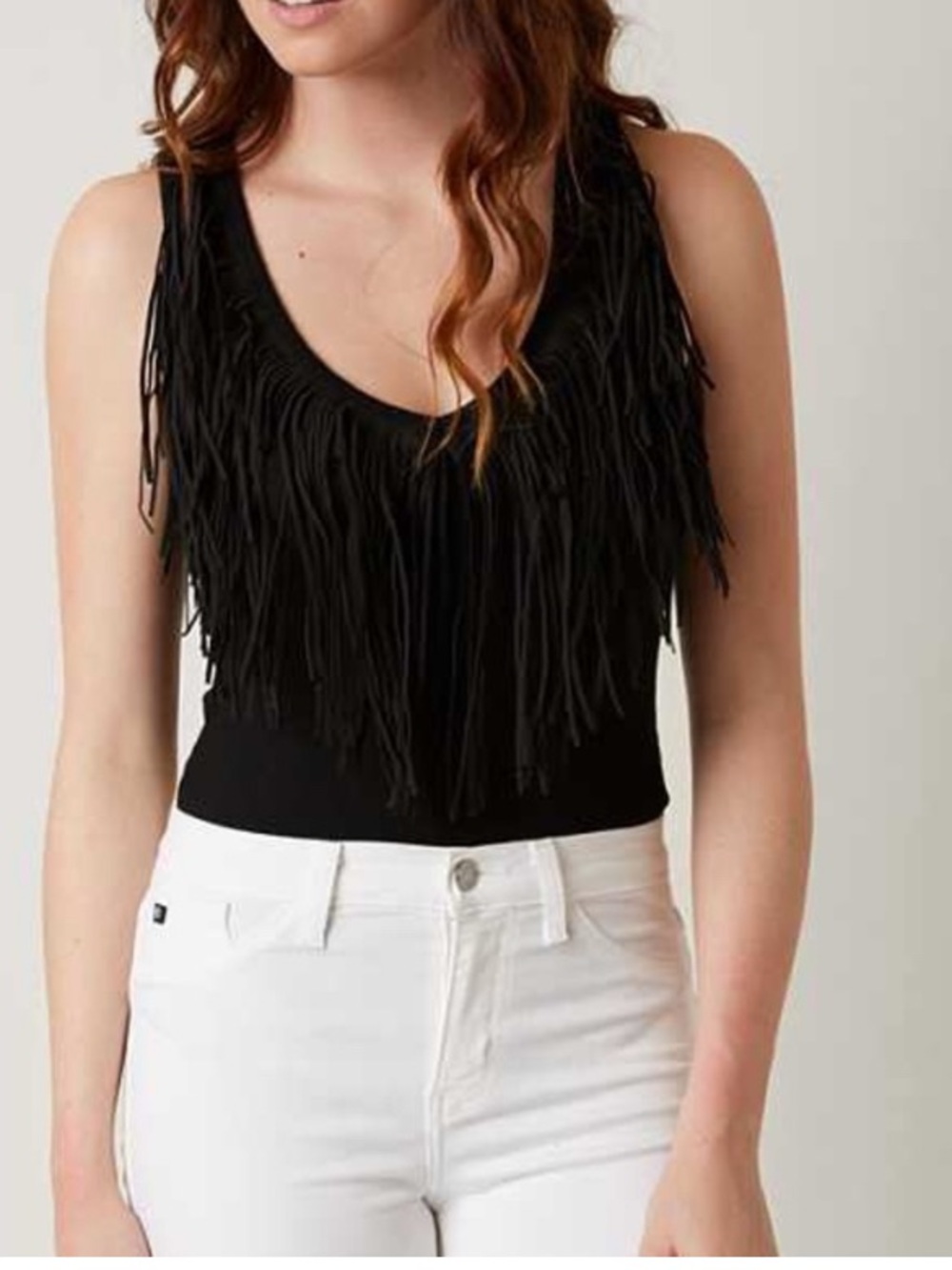 BKE red Black Ribbed Fringe V-Neck Bodysuit Large Western Rodeo Cowgirl Boho
